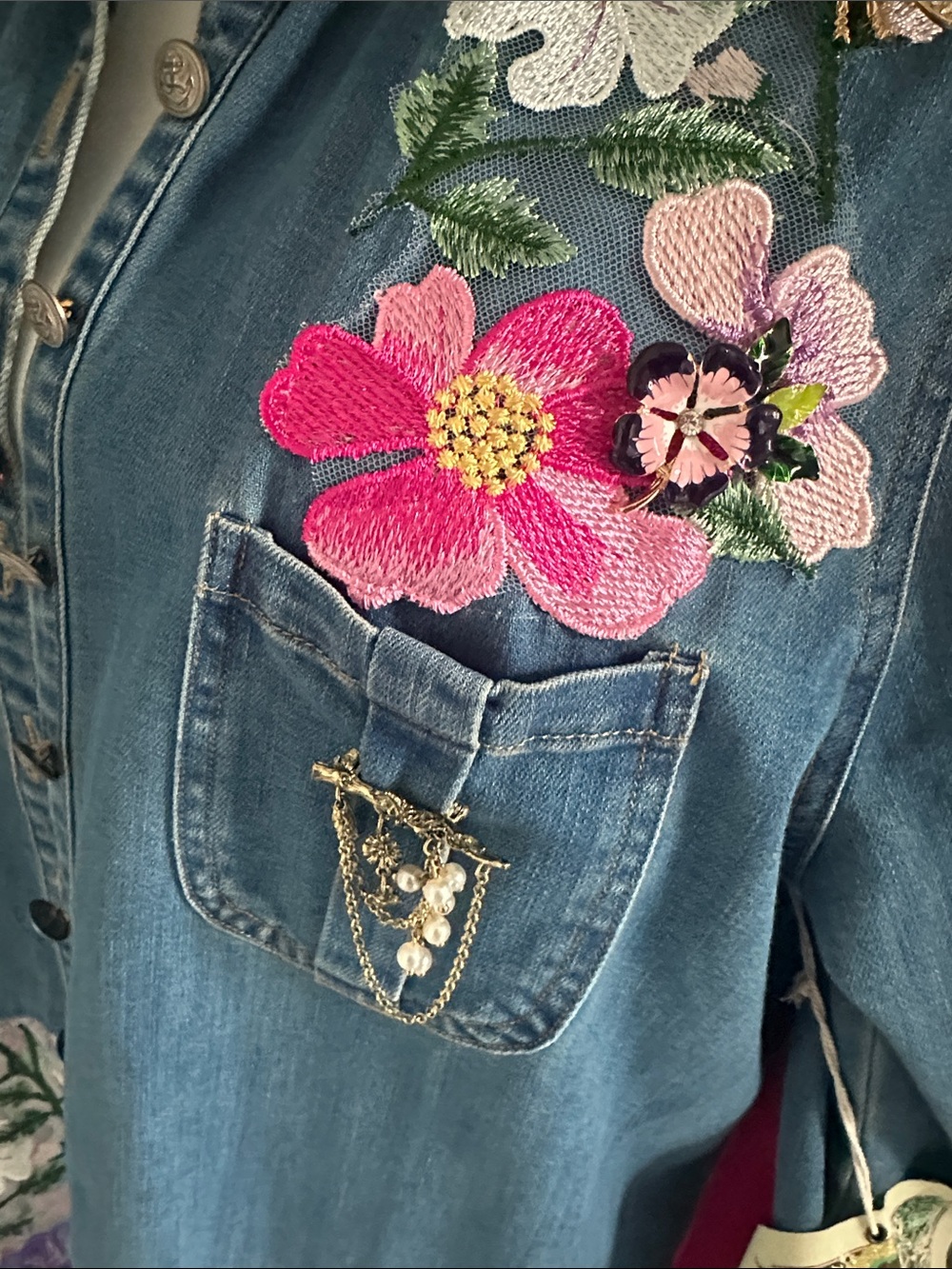 Aratta Blue Denim Jacket with Multicolor Floral Embroidery - Picture 3 of 12